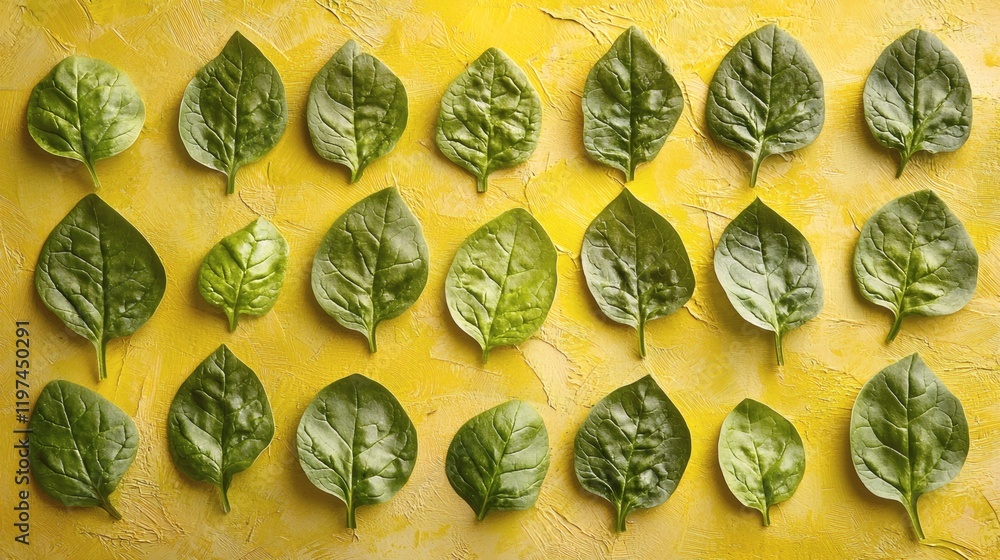 Aufkleber Isolated of spinach leaves laid flat in a single layer to highlight their shape and texture Stock Photo with side copy space
