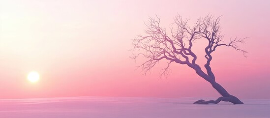 Fototapeta premium Bare tree with no leaves at winter sunset, pink and purple sky, clear foreground for text