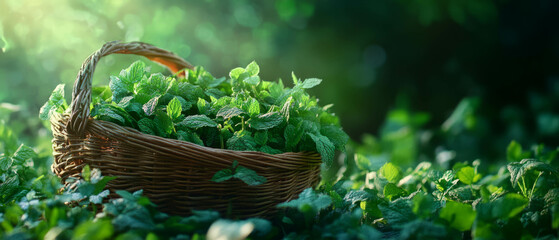 Mint harvest basket filled with fresh picked green mint leaves in a vibrant garden