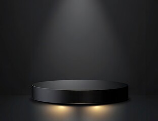Black podium with golden light for product presentation, vector background illustration with empty space mock-up. Minimal scene design for luxury showcase and promotion display. 