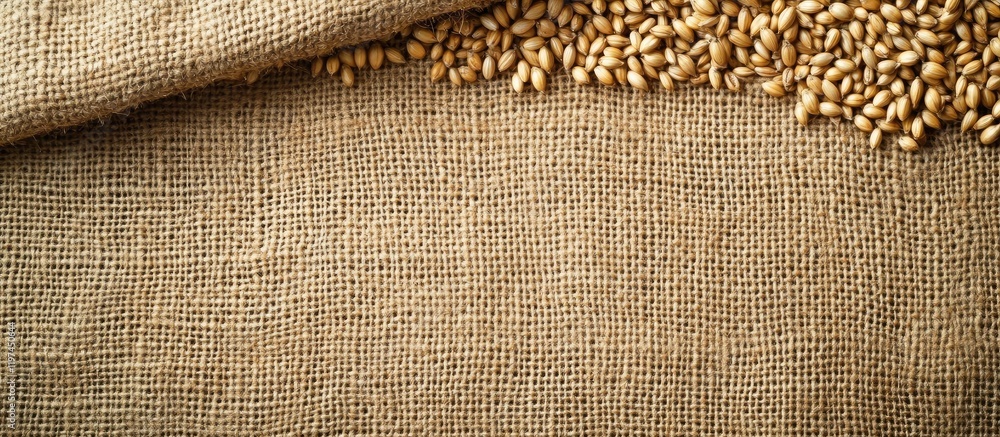 Aufkleber golden barley seeds scattered on textured burlap fabric with ample empty space for text composition,