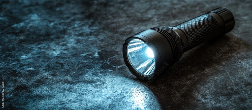 Poster illuminated black flashlight resting on a textured dark surface with subtle blue highlights and ampl