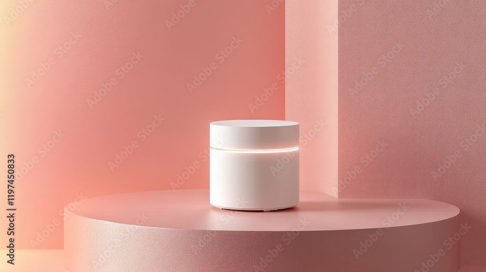 Poster aesthetic minimal white podium and cylindrical pedestal for product display on soft pastel pink back