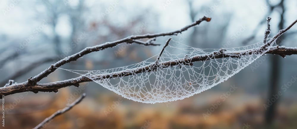 Poster delicate spider webs glistening with water drops on a branch in a blurred winter forest background f