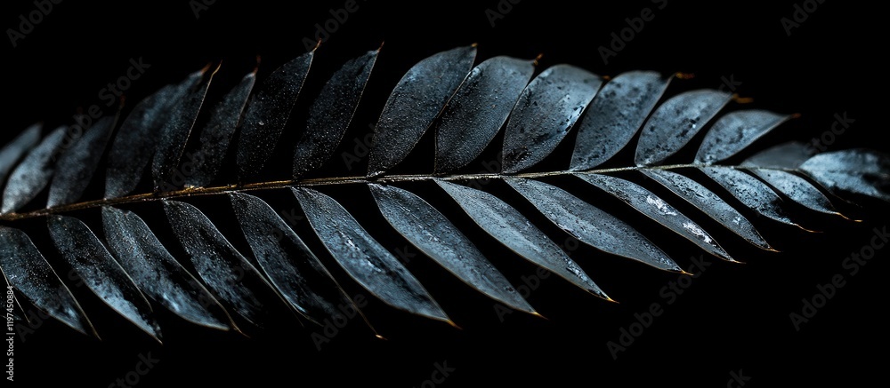 Poster black tropical palm leaf on dark background with copyspace for text in exotic rainforest jungle sett