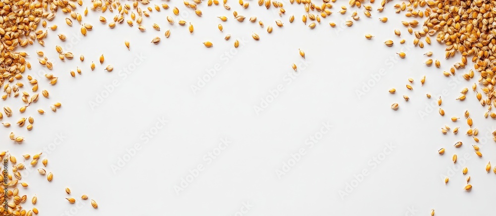 Poster golden barley grains arrangement on white backdrop with ample copy space for text and complementary 