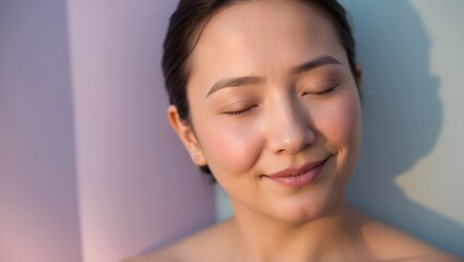 A serene portrait of a person with delicately closed eyes, a gentle, whispery smile that hints at subtle contentment, and soft, warm lighting that casts a flattering glow on their peaceful features, c