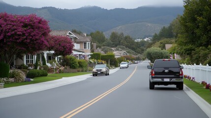 A charming white picket fence lined with lush bougainvillea and white flowers, creating a tranquil garden atmosphere under natural light