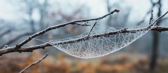 Delicate spider webs glistening with water drops on a branch in a blurred winter forest background featuring soft blue and grey tones with empty space for text