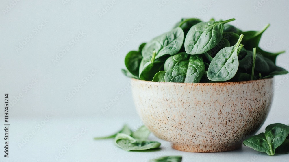 Poster isolated of spinach leaves piled in a ceramic bowl with a natural finish on a white background stock