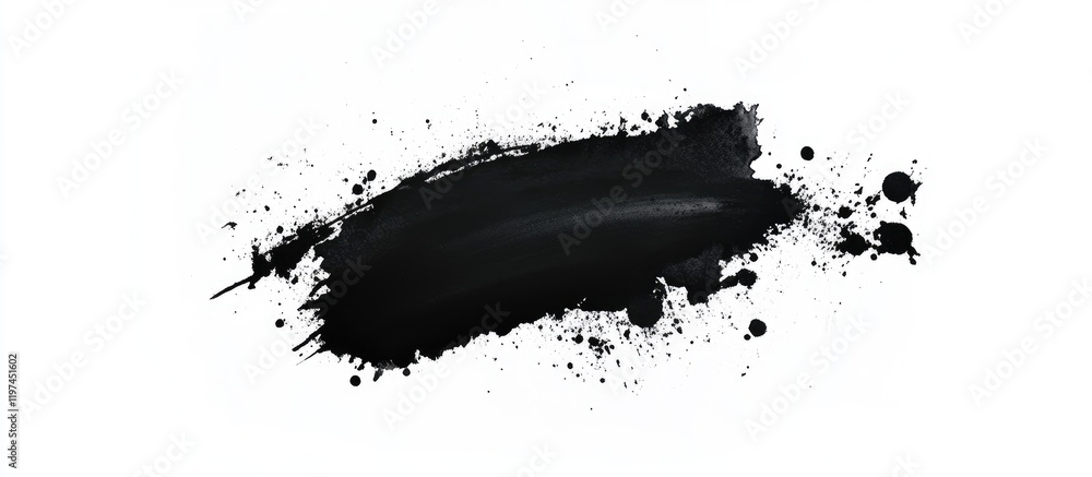 Aufkleber black ink blot with splatters on a white background creating negative space for text, featuring deep