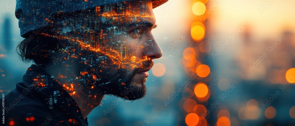 Poster a profile view of a man with a cityscape overlay, evoking a blend of technology and introspection.