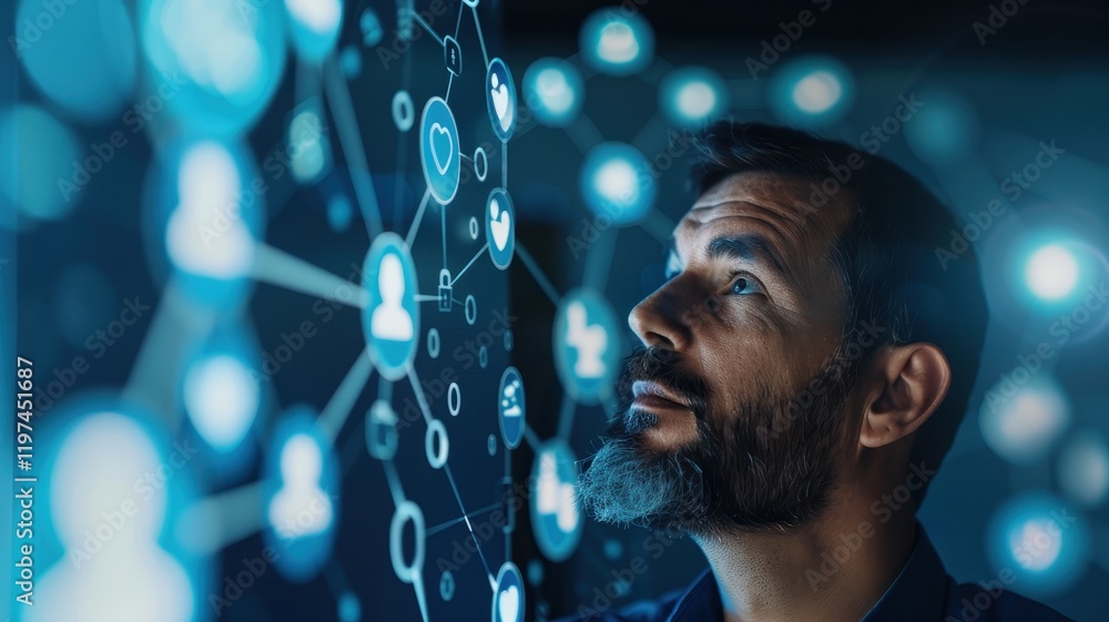 Poster a man gazes thoughtfully at a digital network display, representing concepts of connectivity and tec