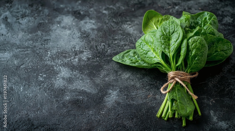 Poster isolated of a handful of spinach leaves tied together with twine to add a rustic touch stock photo w