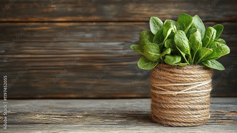 Poster Isolated of a handful of spinach leaves tied together with twine to add a rustic touch Stock Photo with side copy space