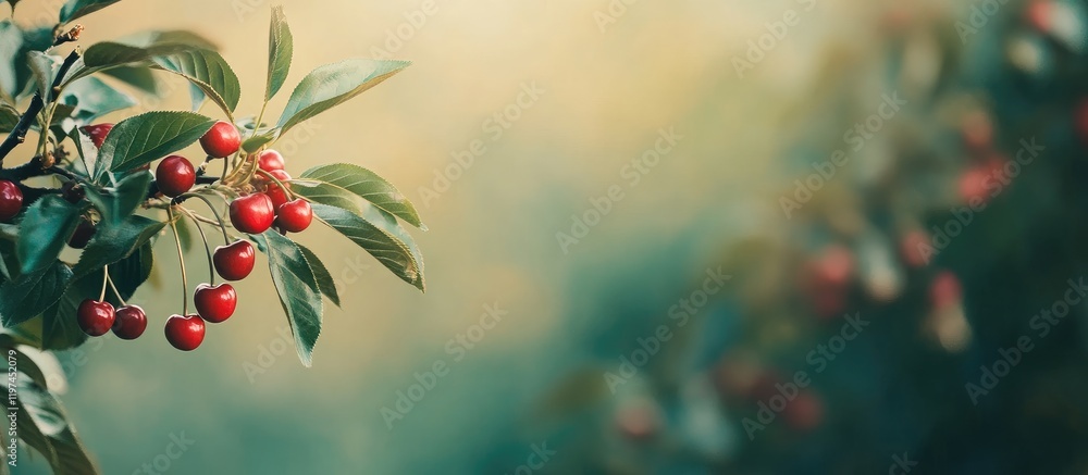 Aufkleber ripe red cherries on a lush green tree branch against a soft blurred background with empty space for