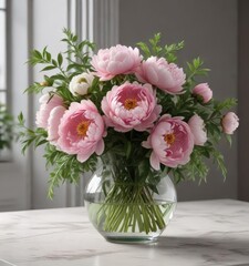 A gorgeous peony flower arrangement in a large glass vase filled with fresh greenery, elegant decor, peony