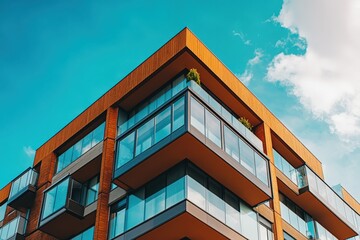 A tall apartment building with many balconies under a blue sky