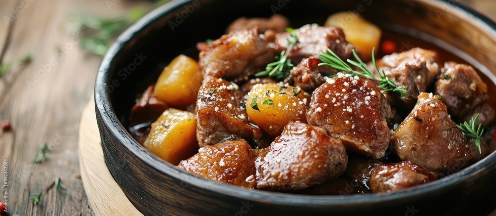 Poster braised duck with colorful vegetables and fresh herbs in a rustic ceramic bowl on a warm wooden back