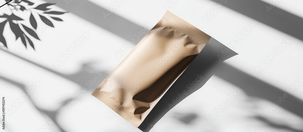 Poster elegant branding mockup of empty metallic packaging on a soft white surface casting shadows from lea