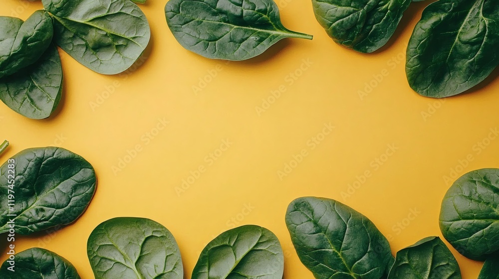 Poster isolated of spinach leaves scattered loosely to create a casual yet fresh presentation stock photo w