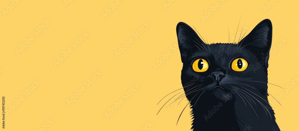 Poster elegant black cat portrait on vibrant yellow background with ample copy space for text and eye-catch