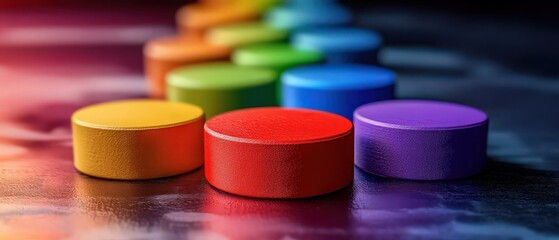 A colorful arrangement of circular objects in vibrant hues, showcasing a gradient from red to purple against a textured surface.