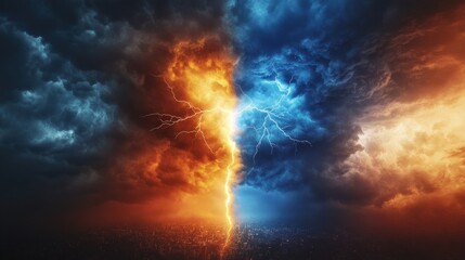 Clash of Elements: A Fiery and Icy Storm Over Cityscape