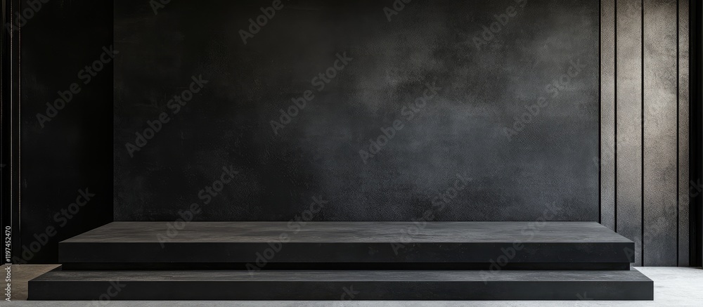 Poster minimalist black interior featuring a rectangular concrete podium against a dark textured wall in a 