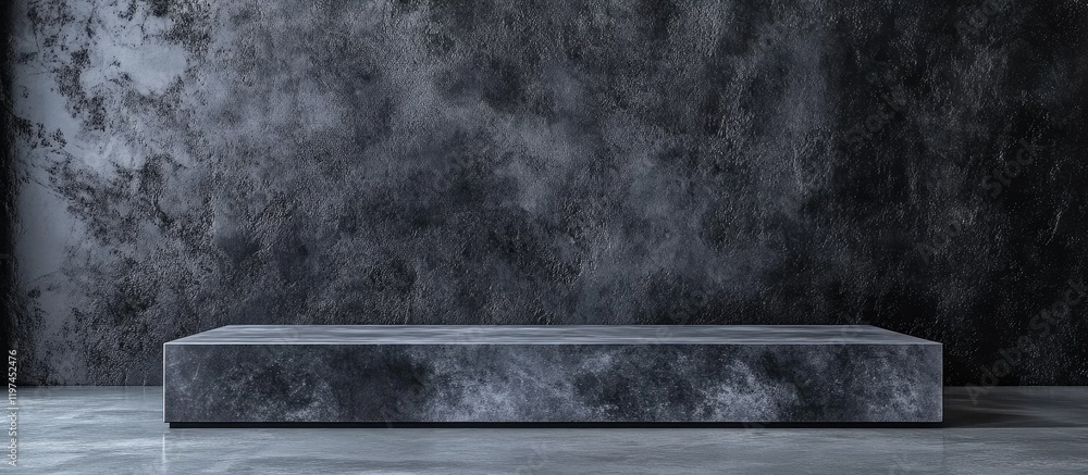Poster dark minimalist studio setting featuring rectangular concrete podium against textured gray wall with