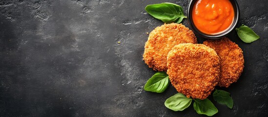 Breaded beef cutlet with homemade sauce on a dark slate background with green leaves and empty space for text for food advertising or menu presentations