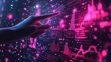 Fototapeta premium Hand point on futuristic HUD financial dashboard with glowing charts and graphs in a sleek digital interface Stock Photo with side copy space