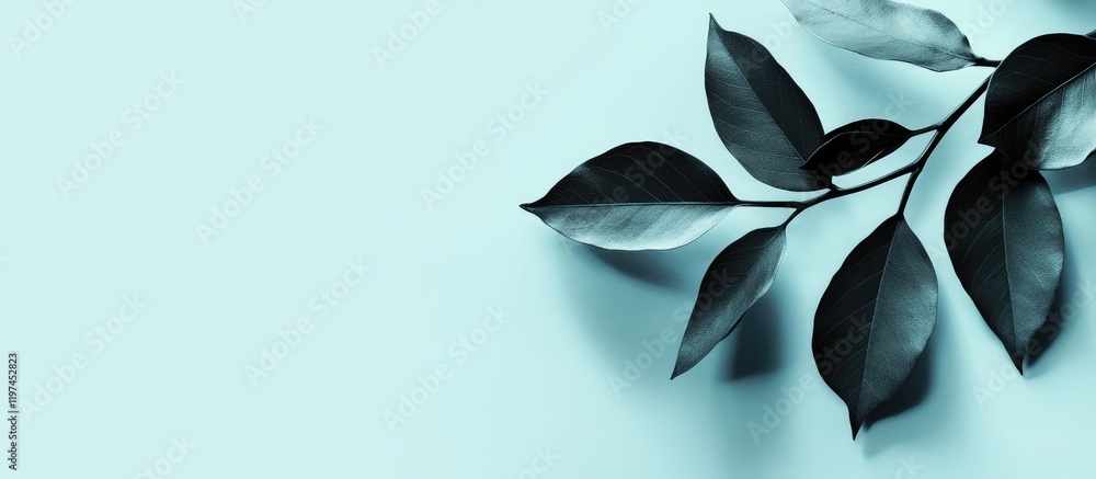 Poster black leaf silhouette with shadow on soft light blue background creating a serene atmospheric concep