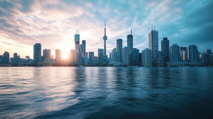 Fototapeta premium Urban skyline at sunset with reflection on water and space for text overlay. Generative AI