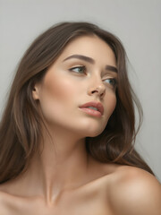 Fototapeta premium Elegant Female Model with Pristine Skin, beautiful hair and lips in Fashionable Beauty Portrait. Generative AI