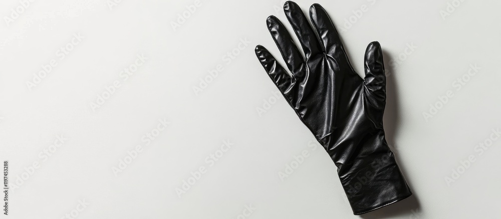 Poster glossy black rubber glove positioned elegantly on a pristine white background with ample empty space
