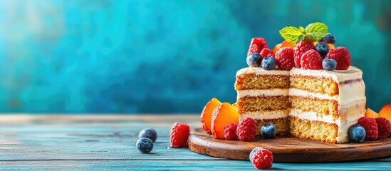 Barley cake slices adorned with fresh fruits on a rustic wooden table against a vibrant blue backdrop showcasing a summer dessert theme with ample copyspace.
