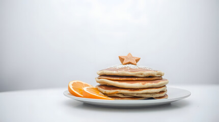 Plate with delicious pancakes garnished with orange slices copy space image