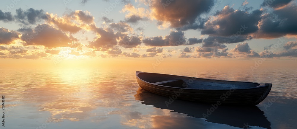 Poster serene black boat floating on calm water reflecting vibrant sunset sky with soft clouds above empty 