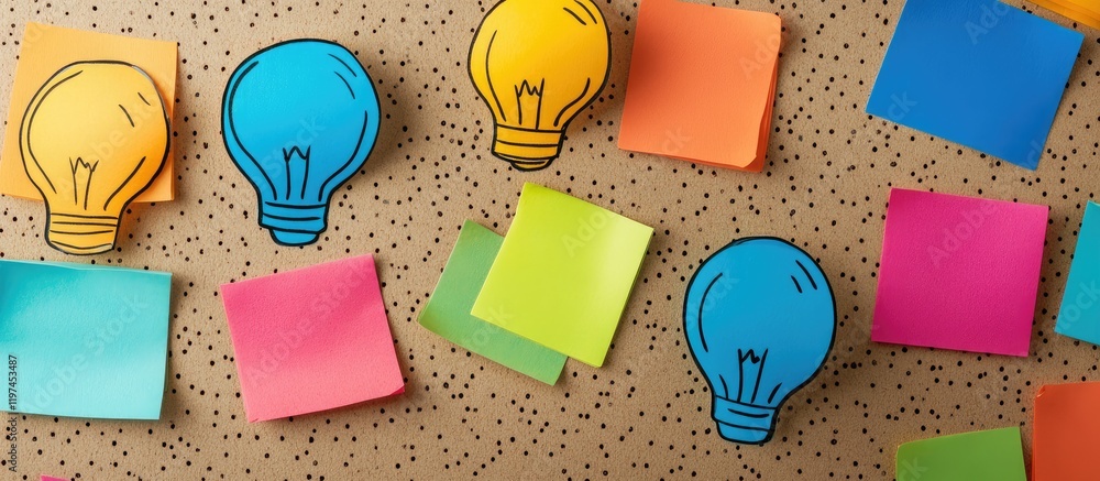 Poster vibrant brainstorming session with colorful light bulb illustrations and assorted sticky notes on a 