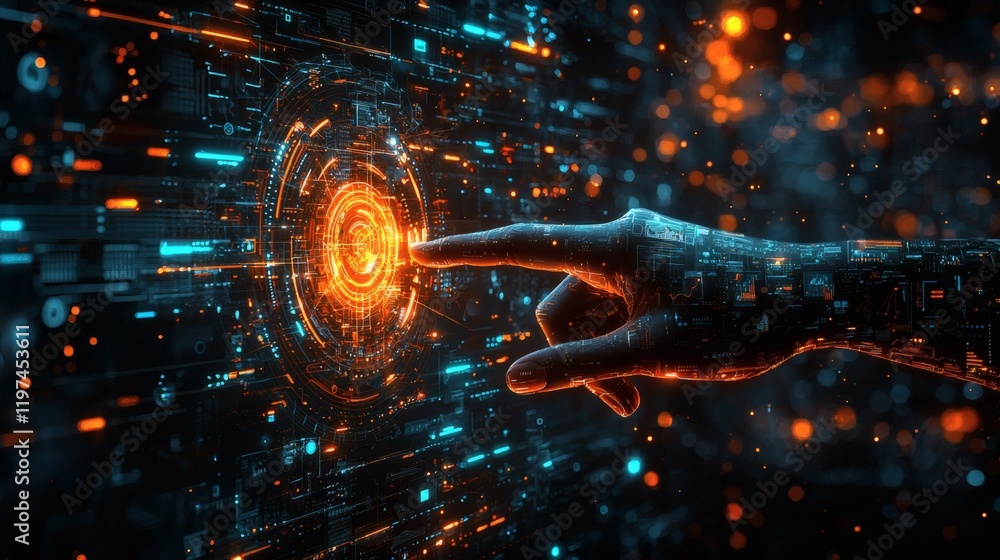 Aufkleber Hand point on digital futuristic financial dashboard with high-resolution graphs and smart filter options Stock Photo with side copy space