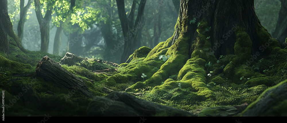 Poster ancient trees covered in green moss create a tranquil atmosphere in a mystical forest