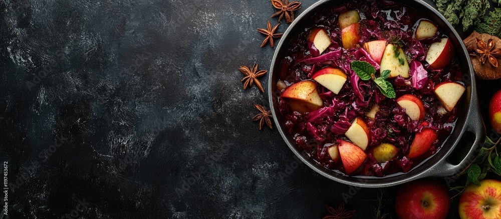 Poster Braised Red Cabbage with Apples and Spices in Black Pot on Dark Rustic Table with Fresh Apples and Empty Copy Space for Text