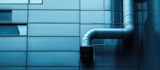 Contemporary Blue Building Exterior Featuring Black Metal Pipe Drainage System on Wall with Ample Copyspace for Text Visual Communication