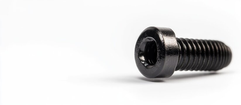 Close-up of a black metal screw positioned diagonally on a plain white background, featuring a selvage edge and accommodating empty text space.