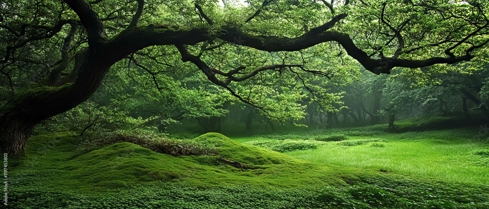 Poster moss-covered ancient trees create a tranquil and mystical forest atmosphere