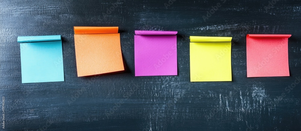 Poster colorful sticky notes for creative brainstorming ideas on dark chalkboard background with empty spac