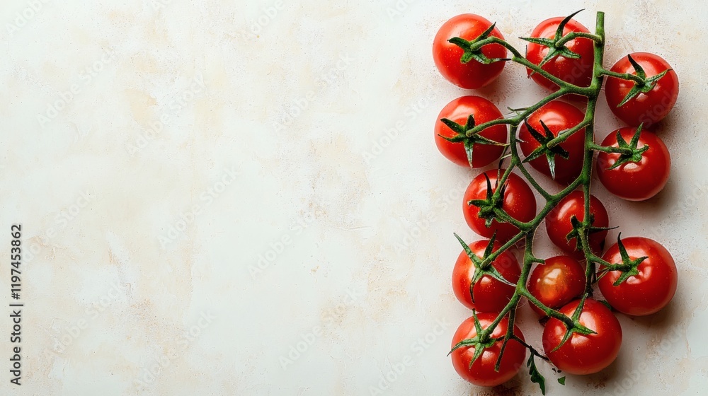 Poster Isolated on white background a cluster of fresh tomatoes on the vine showcasing natural texture Stock Photo with side copy space