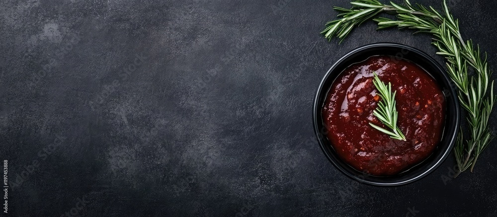 Poster black ketchup in a black bowl garnished with fresh rosemary on a textured dark gray background with 