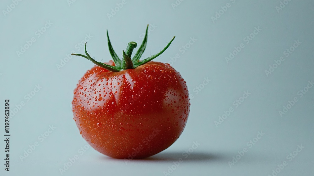 Poster isolated on white background a single ripe tomato with a vibrant red hue and green stem stock photo 